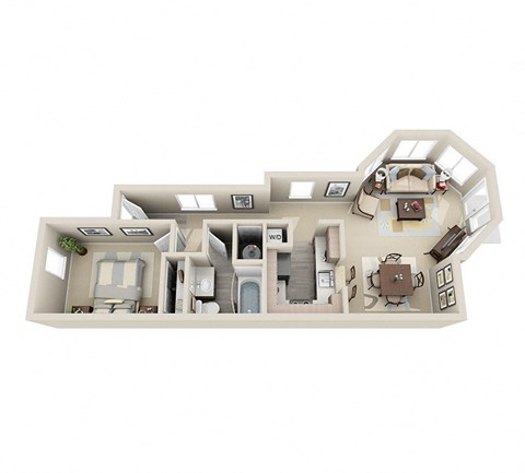 Floor plan for 1 bed, 1 bath, 747 sqft